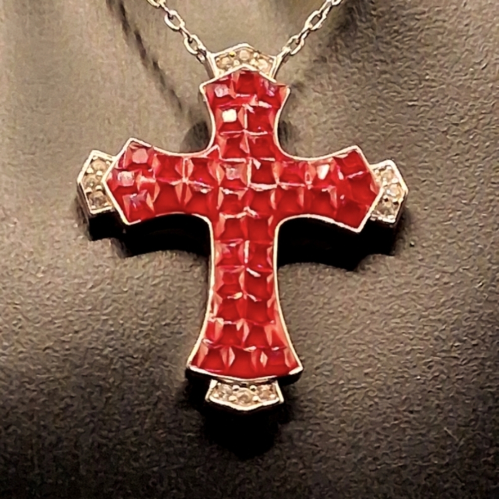 🔥Reduced! Invisibly Set Created Ruby Cross In Rhodium over Silver 2.0 ctw